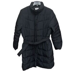 Calvin Klein Down Filled Jacket Coat Women's XL Tie Belt Zip Pockets Black